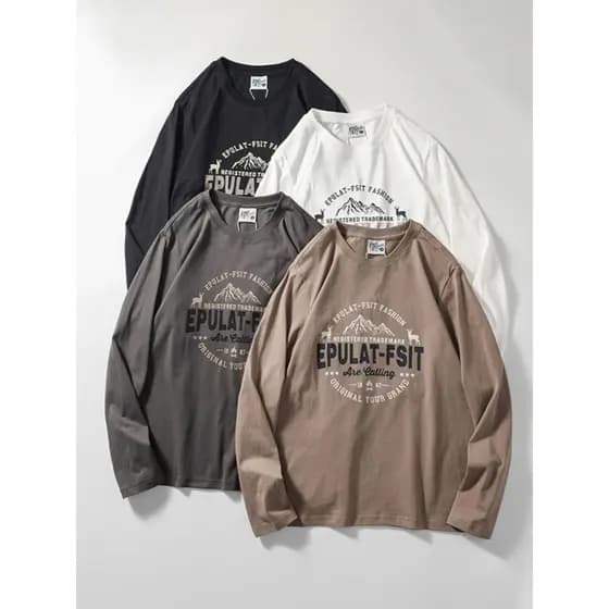 Americano Retro impresso Street Wear puro algodão escovado em torno do pescoço de manga comprida camiseta masculina prim