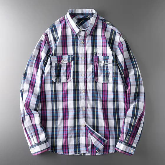 Comércio exterior Original cauda único corte etiqueta americano Casual puro algodão xadrez camisa masculina manga longa