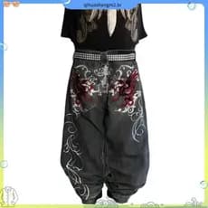Y2k Mulher Harajuku Fashion Trend Bordado Padrão Hip Hop Vintage Street Calças De Ganga De Perna Larga Reta Jeans
