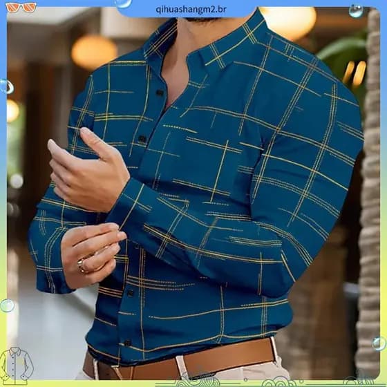 Homens E # 39camisa Xadrez Geométrica , Manga Comprida , Casual Fas hion , Festa Formal , Uso Diário , Primavera , Outon