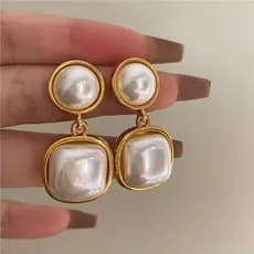 1 Par de Brincos Pendentes com Pérolas de Imitação e Incrustações Geométricas, Estilo de Design Clássico Simples, Elegan