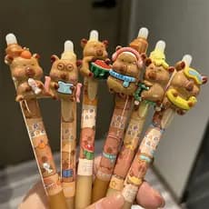 3 Canetas Gel Apagáveis Retráteis de 0,5 mm com Design de Capivara em Cores Aleatórias, Tinta Azul, Empunhadura Confortá