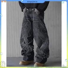 Calça Jeans Masculina Y2k Solta Bordada Primavera Verão Americana Casual Com Botão E Bolso