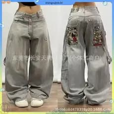 Calças Jeans Baggy Streetwear Y2K Hip Hop Retro com Bolsos, Calças Pretas Masculinas Punk Rock de Cintura Alta e Perna L