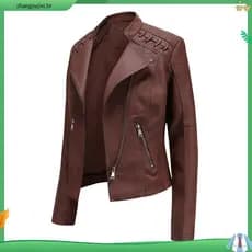 Casaco De Couro De Outono Inverno Pu Faux Leather Jackets Mulher Manga Longa Zipper Slim Motor Biker Coat Feminino Outw
