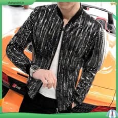Jaqueta Homem Brilhante Lantejoulas Manga Comprida Zíper Bolso Boate Cantor Slim Fit Casaco