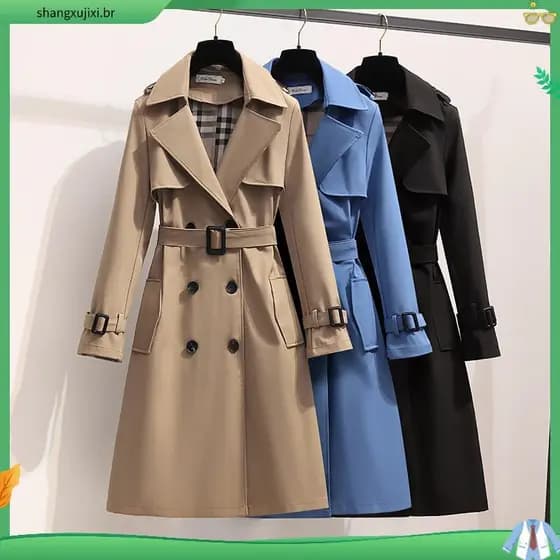 Moda Coreana Vintage Casaco Solto Mola De Outono Pólo De Manga Longa Duplo Peito Alto Midi Windbreaker