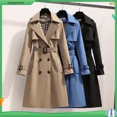 Moda Coreana Vintage Casaco Solto Mola De Outono Pólo De Manga Longa Duplo Peito Alto Midi Windbreaker