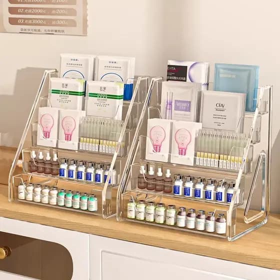 Máscara expositor escada acrílico loja de cosméticos Desktop cuidados com a pele prateleira do produto salão de beleza l