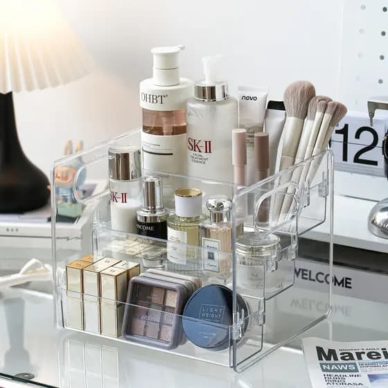 Prateleira cosmética acrílica transparente penteadeira Perfume produtos de cuidados com a pele Puff batom arrumado caixa