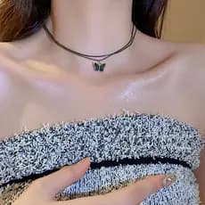 colar aço inoxidável colar femenino Preto dupla camada empilhada borboleta colar europeu americano doce estilo legal c