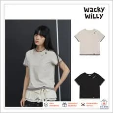 [WACKY WILLY] Camiseta Feminina De Manga Curta Com Botão Em Camadas Bege Carvão Sm Casual
