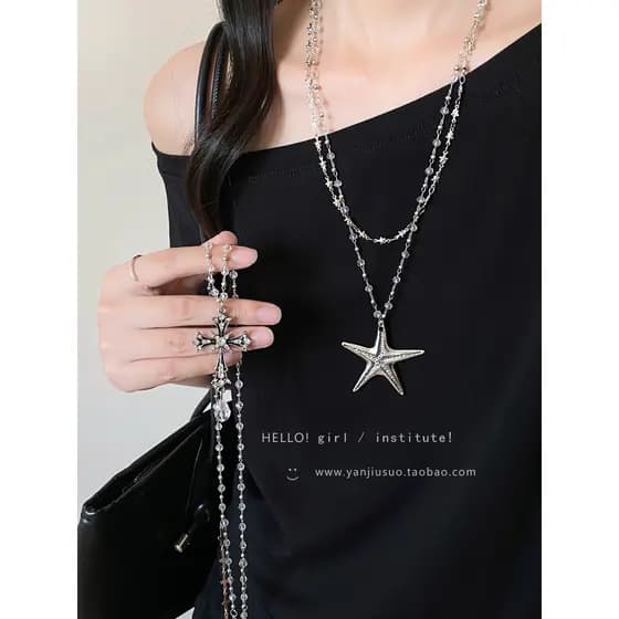 colar colar aço inoxidável Doce estilo legal cristal frisado estrela do mar colar feminino outono inverno dupla camada