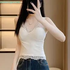 ANHENGXIN Tops Curtos De Renda , Camisola De Malha Transparente Fina Em v Profundo , Colete Suspensor De Camiseta Com Al