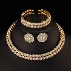 Moda ouro cheio de diamante dupla drenagem colar de diamante conjunto de três peças colar de casamento nupcial brincos p