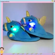 Unicórnio Infantil & # 39 ; s Chinelos De Desenho Animado De Inverno Antiderrapantes De Pelúcia LED 3D Para Crianças Tam