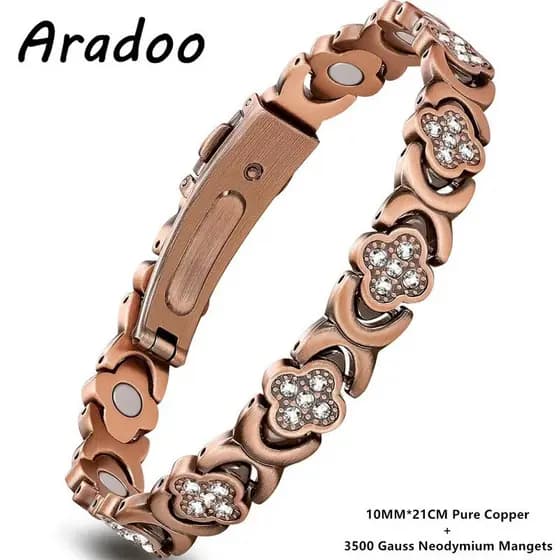 Pulseira Feminina de Cobre Puro Aradoo com Design de Trevo Infinito, Joia de Terapia Magnética Super Forte para Presente