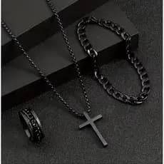 Conjunto de Joias Estilo Punk Masculino com Pingente de Cruz Preta, Colar, Pulseira, Anel em Aço Inoxidável, Presente NN
