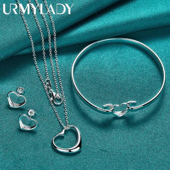 URMYLADY 925 Prata Esterlina Colar De Do Amor Coração Brincos Bangle Set For Women Fashion Charm Jewelry