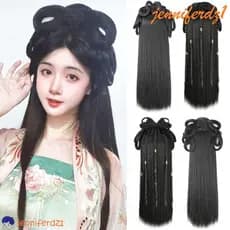 JENNIFERDZ1 Peruca Antiga Chinesa , Perucas Hanfu Femininas Antigas Sintéticas , Cocar Preto Fantasia Preguiçosa
