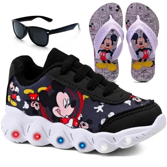 Kit de Tênis Infantil Mickey Boy com LED + Chinelo Infantil + Óculos Infantil