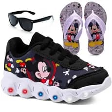 Kit de Tênis Infantil Mickey Boy com LED + Chinelo Infantil + Óculos Infantil