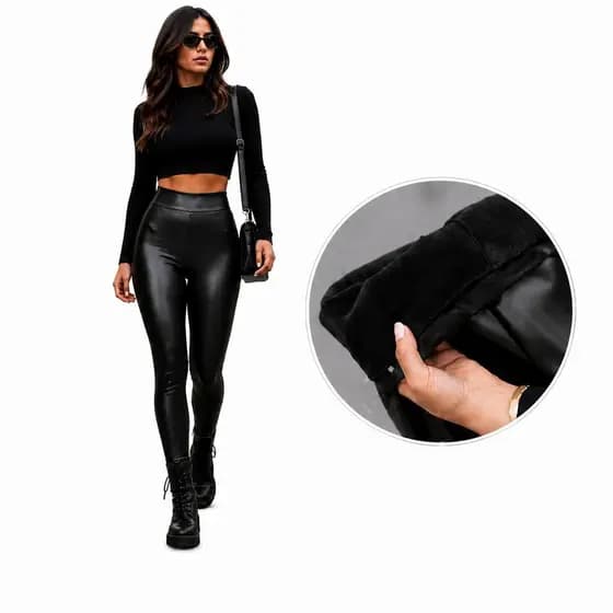 Calça de Couro Sintético calça de couro pelúcida flanelada Inverno Quente calça de couro flanelada
