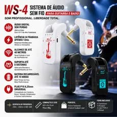 Sistema Sem Fio para Guitarra Violão Baixo Transmissor Receptor 2.4GHz Recarregável Sem Latência 8 Canais