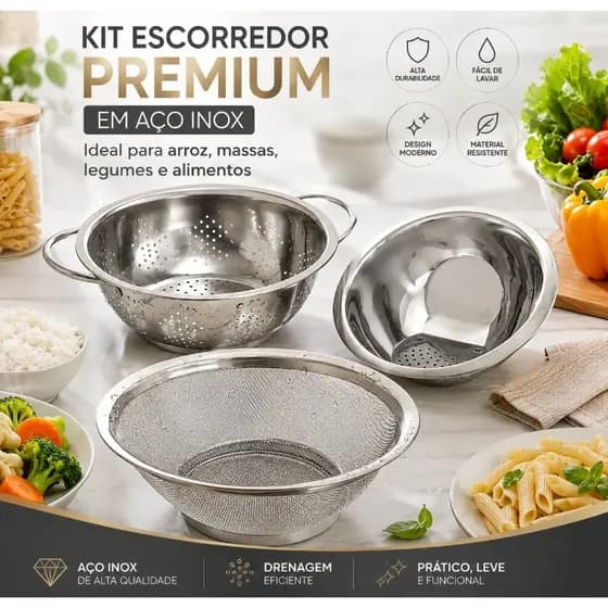 Kit 3 Escorredores Inox Arroz 26cm Massa 24cm e Telado 22cm para Cozinha