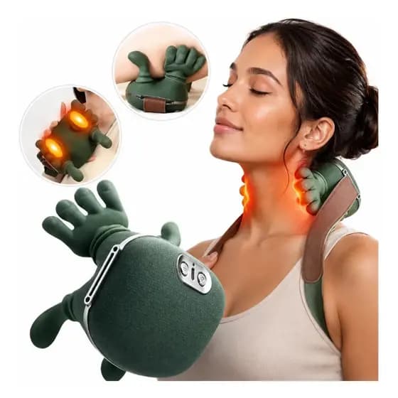 Massageador de pescoço portátil com calor para alívio de dores profundas nos tecidos e na região lombar.