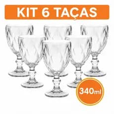 Kit 6 Copos Taças Diamond Vidro Transparente Para Água Luxo Resistente 340ml
