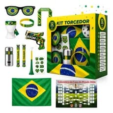Kit Torcedor Brasil Copa Do Mundo 2026 Completo Bandeira Vuvuzela Corneta Óculos 12 Itens