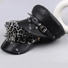 Chapéu MXBEAUTY com Estampa de Leopardo e Rebites, Boina Gótica Y2k Harajuku, Chapéu Punk de Couro PU Preto com Topo Pla