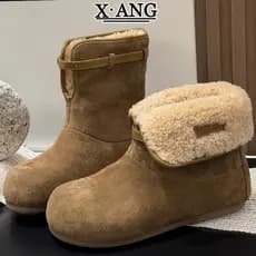 Botas de peça única com forro de algodão grosso, calçado de pele de carneiro genuína, botas de neve femininas EWAY, mode