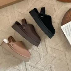 Novas e confortáveis mules femininas de lã, design em cor sólida, com fecho de velcro, sapatos casuais com salto anabela