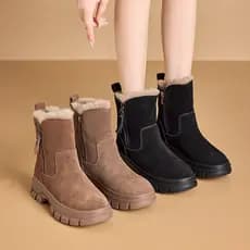 Botas de neve femininas em couro genuíno, forradas com lã grossa, novas botas curtas de algodão para o inverno, quen GKY