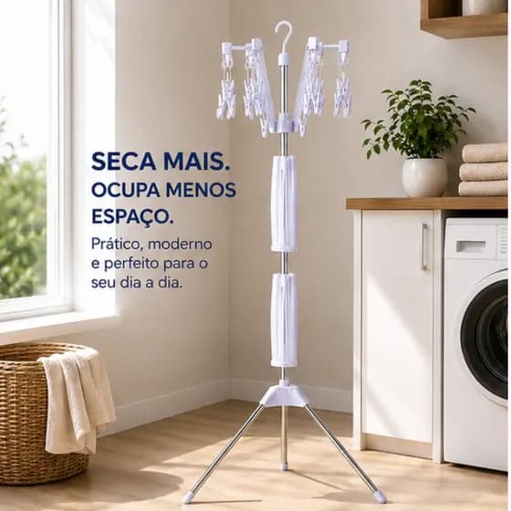 Varal De Chão Dobrável Giratório Com Prendedores Compacto Resistente Versátil Branco Apartamento