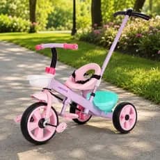 Triciclo Infantil Rosa Com Empurrador Ajustavel E Assento Confortavel