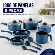 Jogo De Panelas 9 Peças Azul Antiaderente Cerâmica Arroz Feijão Carne Refogado Cozinha
