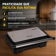 Sanduicheira Elétrica Grill 1000W 127 V Inox Antiaderente Aquecimento Rápido de Lanches prensados