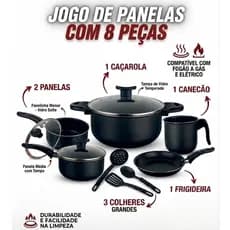 Jogo de panelas com 8 peças - Antiaderente - Preto ou Cereja