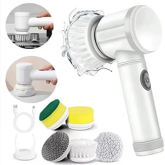 Escova de limpeza elétrica sem fio 5 em 1, prática e multiuso para cozinha e banheiro.