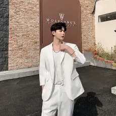 Coreia coreia ulzzang masculino bonito terno branco superior fino manga de três quartos jaqueta versão coreana chique na