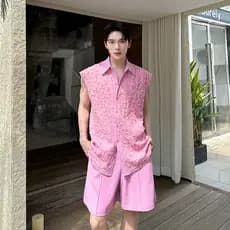 Verão Wear indústria pesada frisado tridimensional flor sem mangas camisa masculina moda Design elegante colete Shorts d