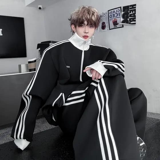 Americano cleanfit contraste cor listras três barras gola jaqueta terno masculino Casual esportes calças de perna larga