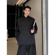 Primavera outono estilo chinês na moda preto simples High-End melhorado novo estilo chinês fivela terno de cetim montanh