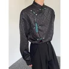 Primavera outono novo estilo chinês cetim Jacquard placa botão gola camisa masculina de manga comprida Retro nicho borla