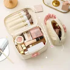 Bolsa de Cosméticos HLLYHERRY, Bolsa de Maquiagem de Veludo com Zíper, Bolsa de Armazenamento de Grande Capacidade com E