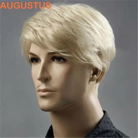 AUGUSTUS Perucas Loiras Masculinas , Franja Lateral Inchada , Peruca Curta E Reta Cosplay Masculina Resistente Ao Calor