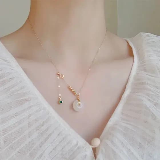 925 prata Pull-out imitação Jade grânulo colar feminino fivela segura pingente clavícula corrente ins estilo legal nicho
